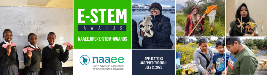 Collage of photos showing students engaging in STEM projects, with the text "E-STEM Awards, applications accepted through July 2, 2025"