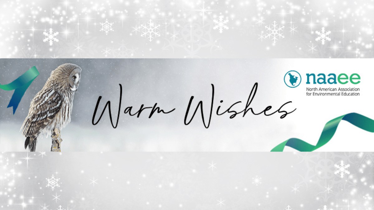 "Warm Wishes" NAAEE logo, owl on snowy background, green ribbons