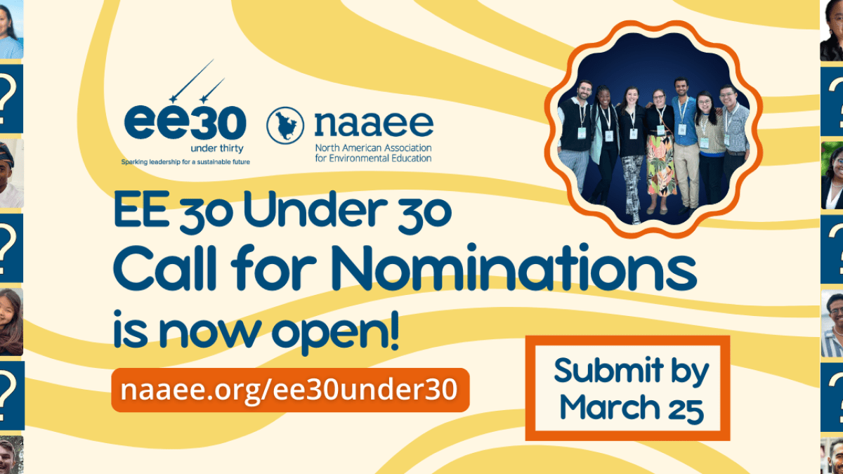 Yellow swirly graphic background, bordered by photos of past awardees on the side with blue text in the middle that says, “Nominations for the EE 30 Under 30 Class of 2024 are NOW OPEN! Apply by March 25.”