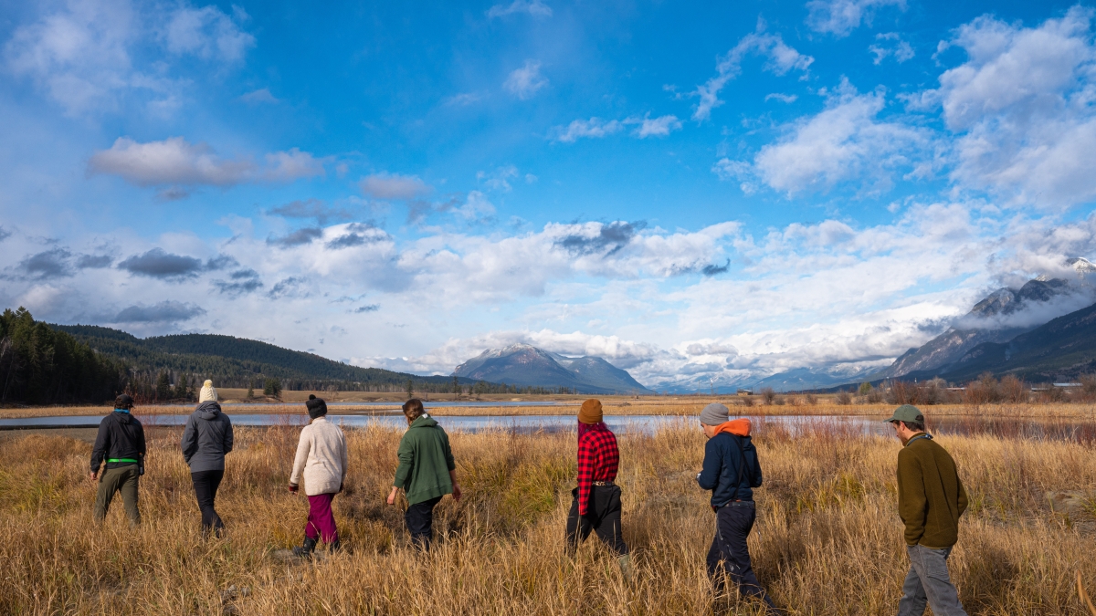 A group of hikers walking across a prairie with a blue sky
