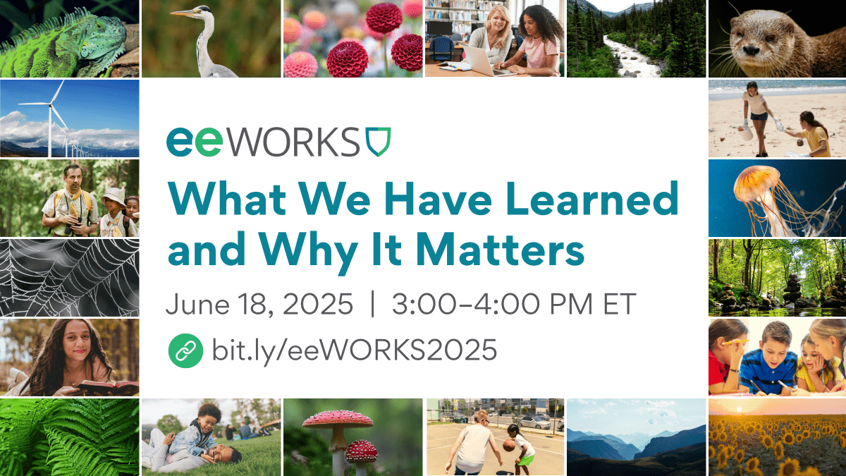 Multiple images represent our relationship with the environment, including wind turbines, kids playing in the grass, a various living creatures. Text says "eeWORKS: What We Have Learned and Why It Matters.""