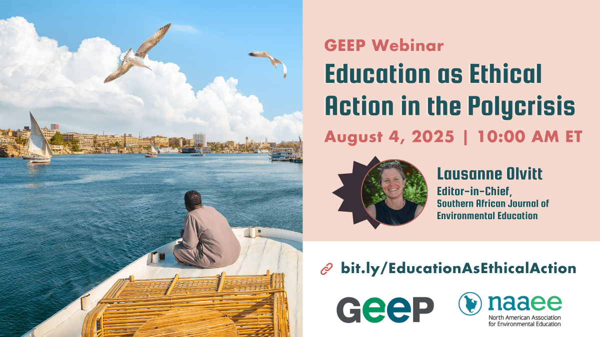 Man on the boat with text on the right saying: GEEP Webinar Education as Ethical Action in the Polycrisis
