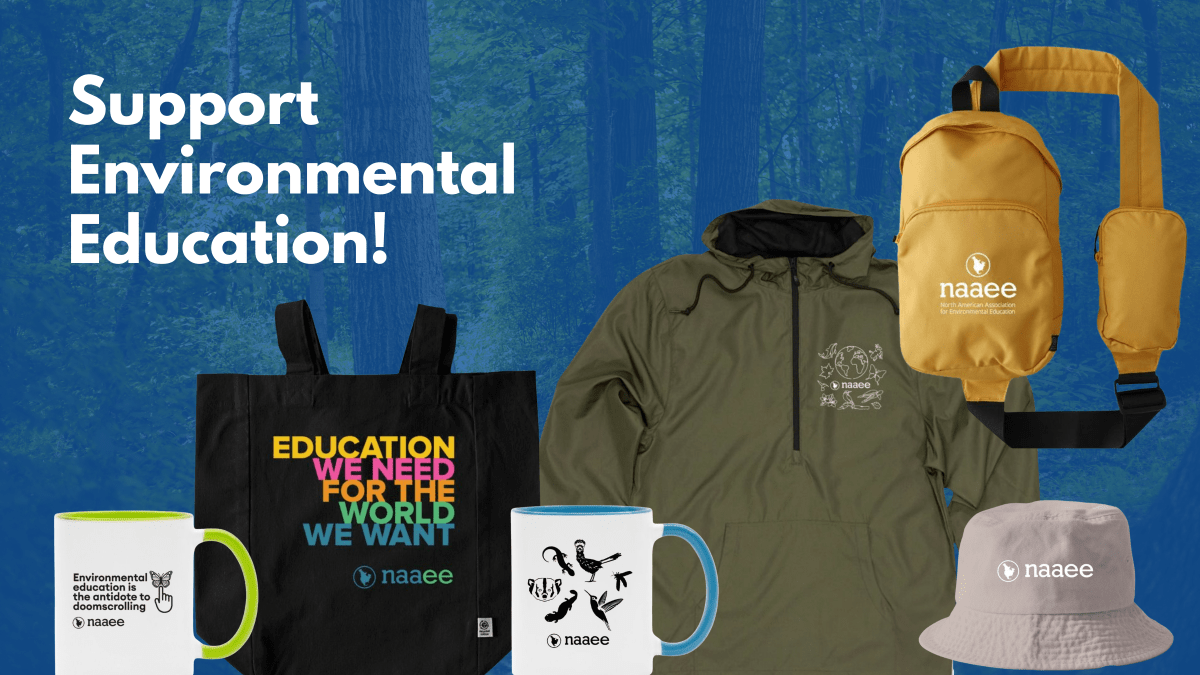 Mugs, tote bag, jacket, hat, and backpack on a blue background. "Support Environmental Education" in the top left corner.