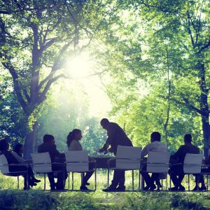 people sitting in a row of chairs outdoors in a park setting