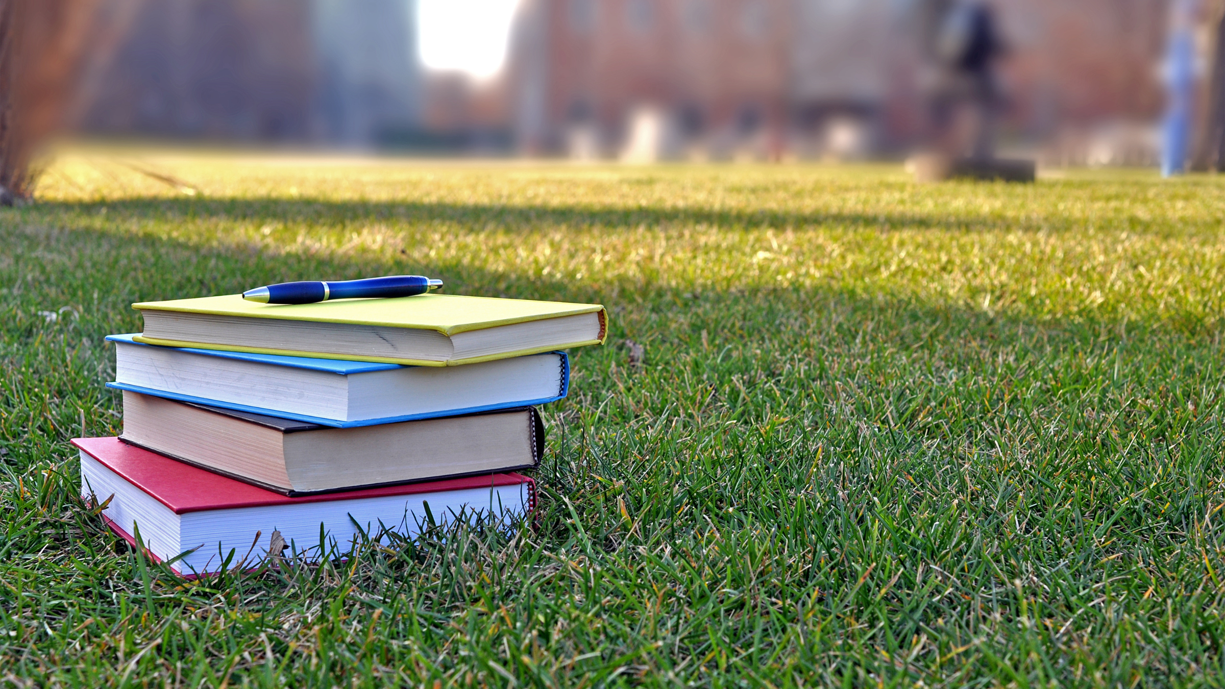 A stack of four colorful books with a pen on top in a grassy field; behind is a blurred series of buildings