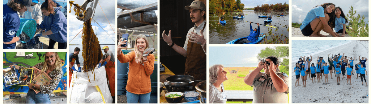 Collage of photos featuring, from top left, two people hauling in oysters, a woman showing illustrated books, two people hauling in kelp, a woman taking a selfie with abalone, a man gesturing with open hands, a group of students in kayaks, two people peering through an instrument, two students on a sandy beach, a group of students waving at the camera