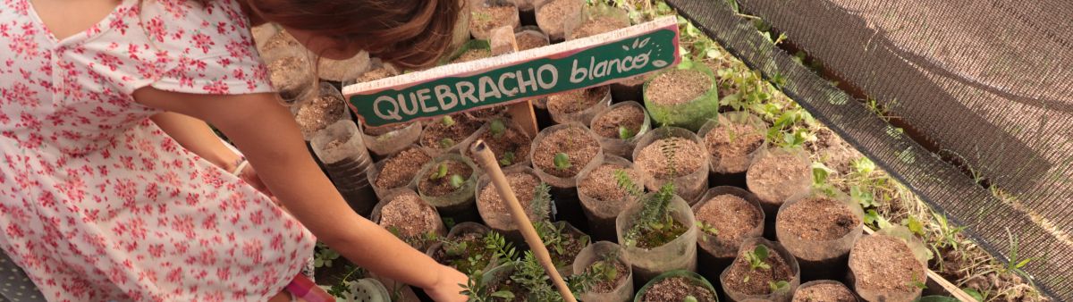 Young girls leaning over potted plants in a plant nursery, with a painted sign that says "Quebracho blanco"