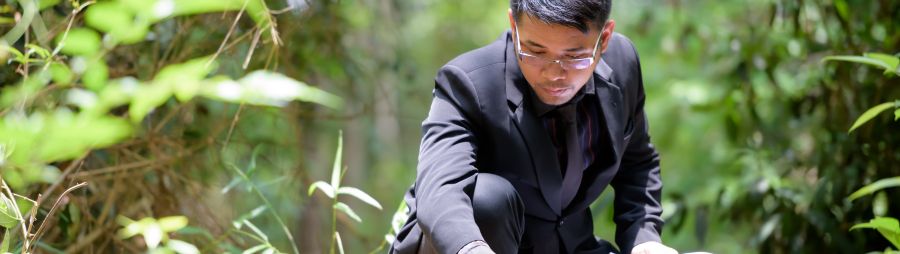man in forest studying plants