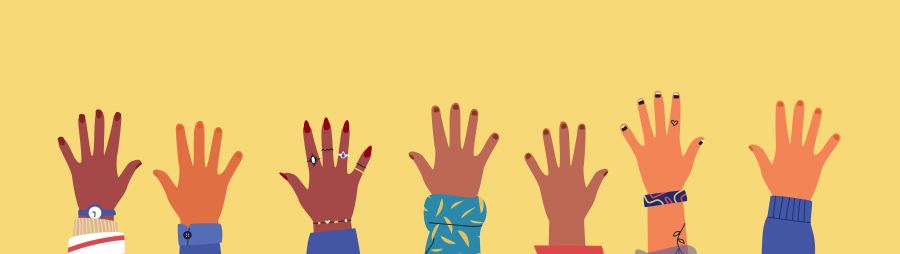 colorful line of arms raised