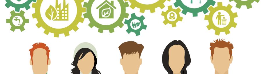 infographic of people with gears of heads with eco icons