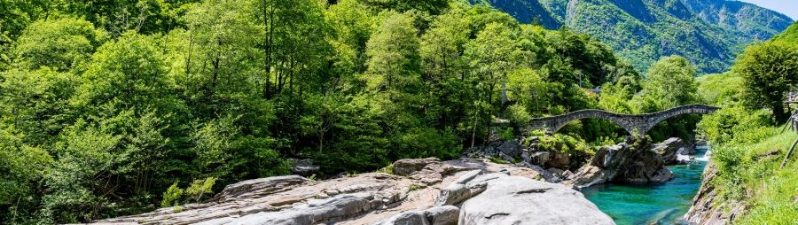 Unique rock formations and clear waters and ponte dei salti at Lavertezzo during Spring, Verzasca Valley, Switzerland