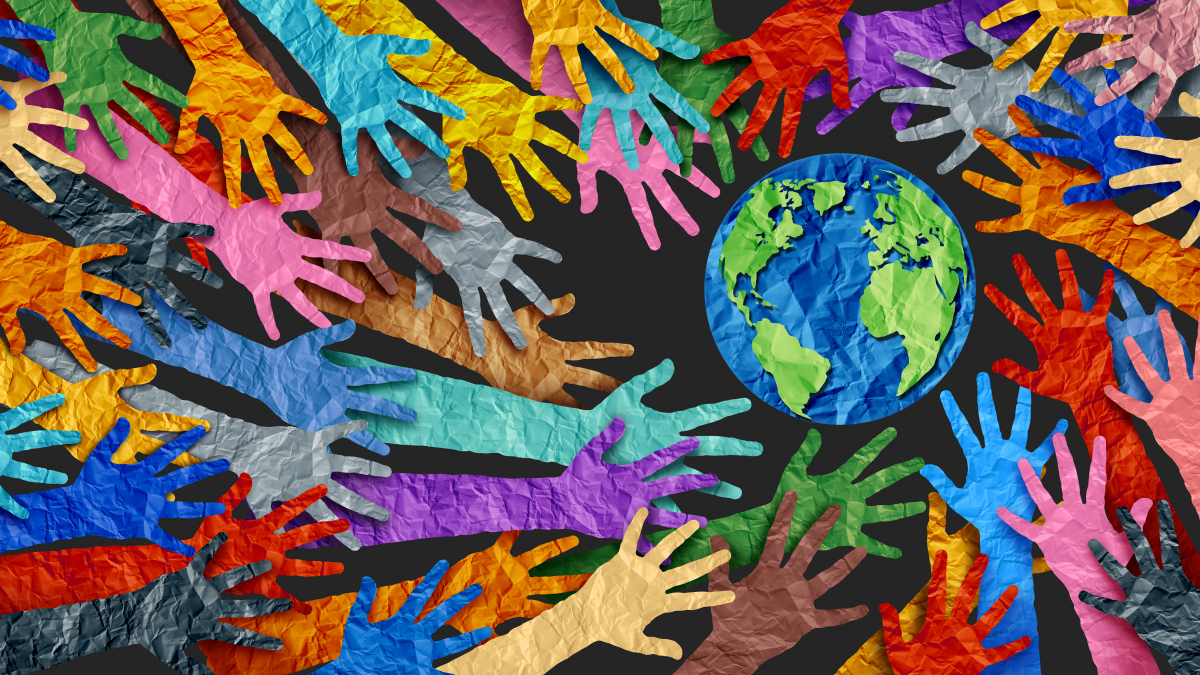 illustration of diverse hands reaching for the globe