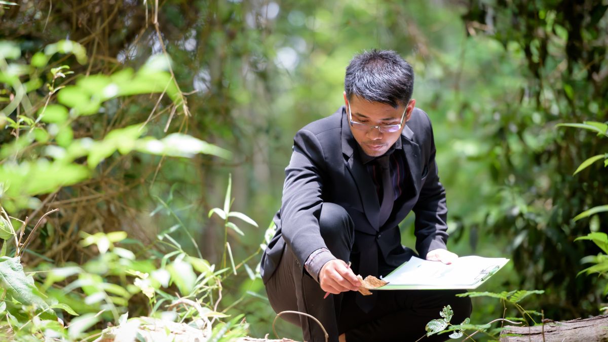 man in forest studying plants