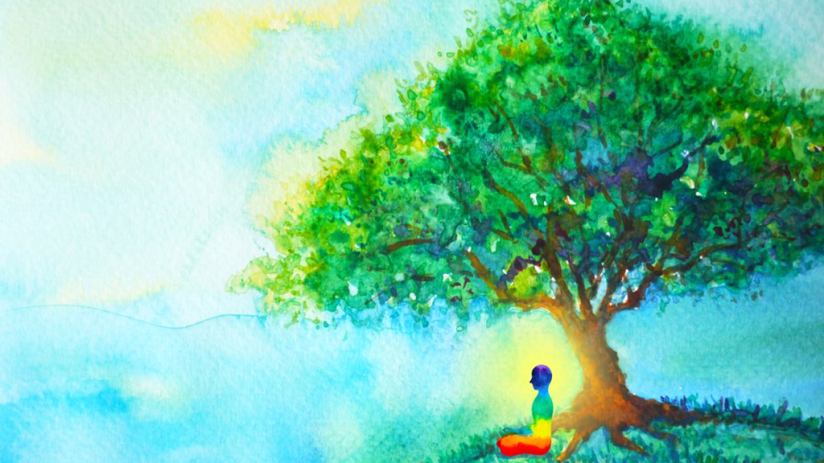 watercolor of person in colors of rainbow sitting under green tree blue sky