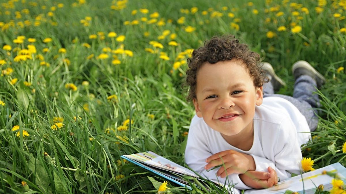 Natural Start child reading book in dandelion field