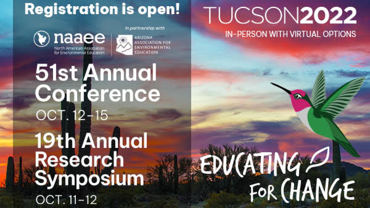 NAAEE Tucson 2022 promo, "Educating for Change", desert photo with hummingbird illustration