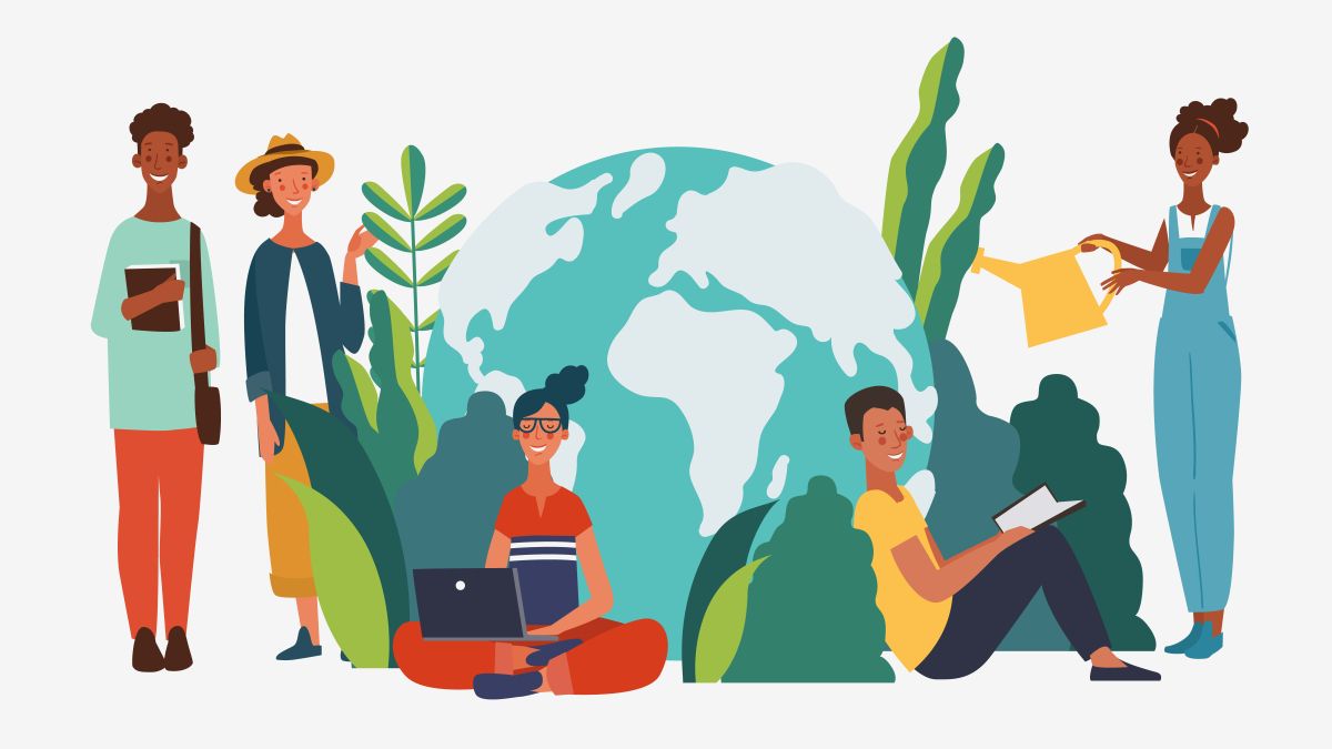 people gathering around a globe