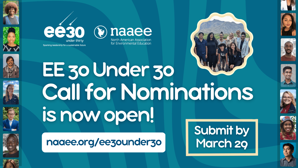 EE 30 Under 30  Call for Nominations is now open. Submit by March 20. On blue swirl background with photos of previous 30 Under 30 awardees.