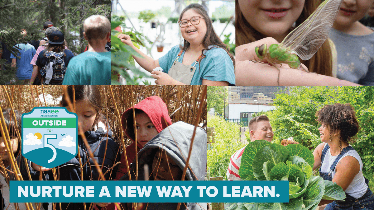 collage of photos of young people outside, Outside for 5 logo, "Nurture a new way to learn."