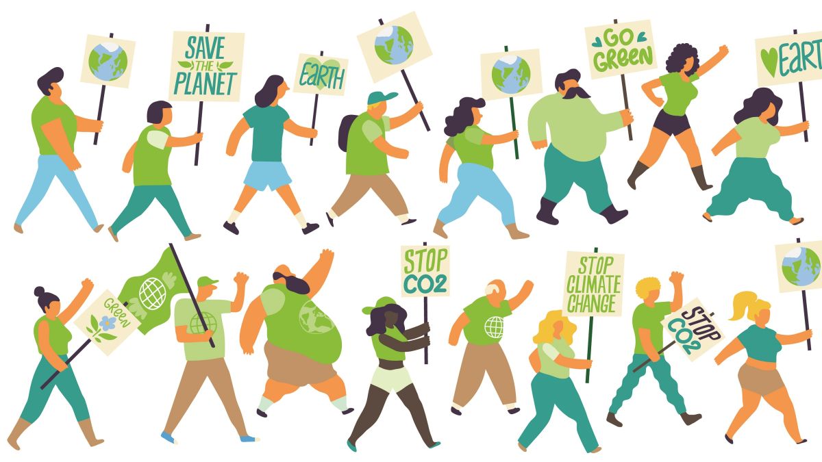 Illustration of diverse people carrying signs advocating for environment