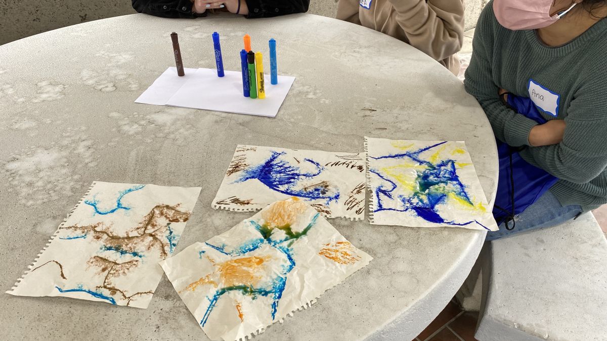 drawings of watersheds on table in front of students