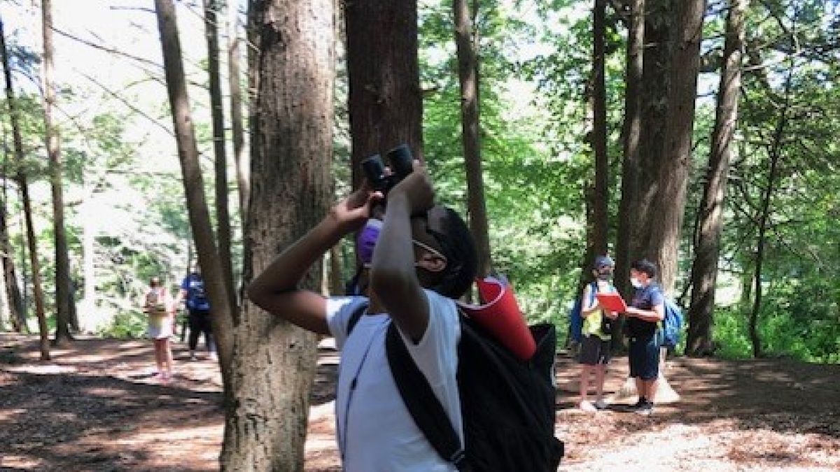 Student looking up through binoculars in woods