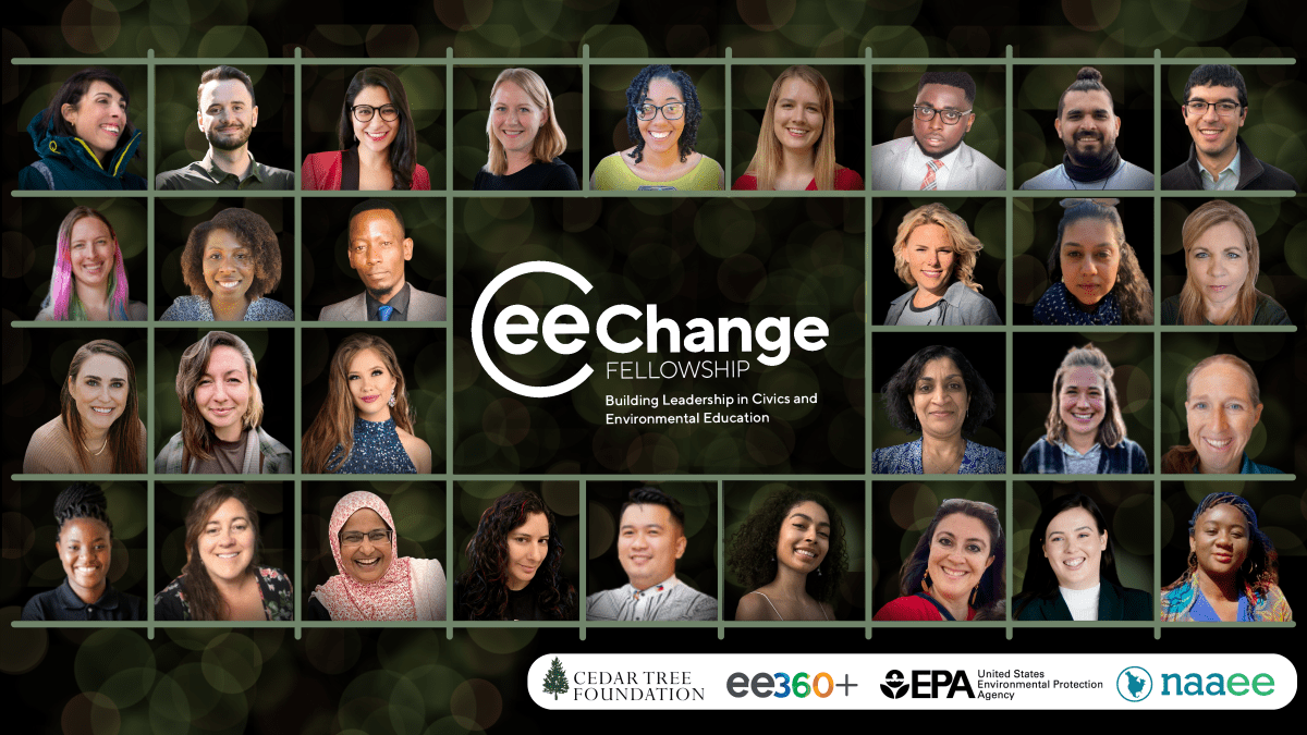 30 faces on a black background with green bubble and grid graphics, CEE-Change, ee360+, NAAEE, U.S. EPA, Cedar Tree Foundation logos