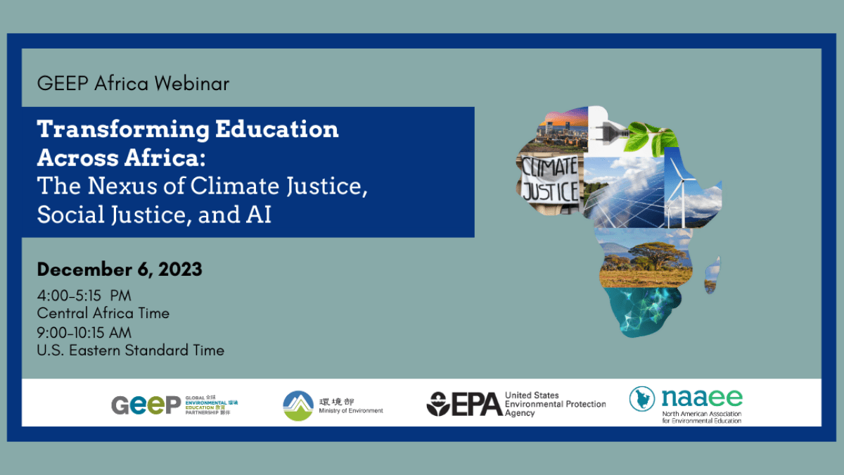 Light blue background with collage of photos in the shape of Africa on the right. Text on the left provides details on webinar, "Transforming Education Across Africa: The Nexus of Climate Justice, Social Justice, and AI. December 6, 2023. 4:00–5:15 PM Central Africa Time. 9:00–10:15 AM US EST"