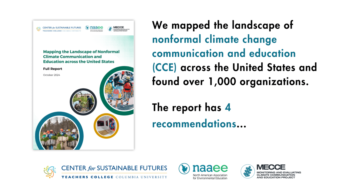 White background with a photo of a report cover on the left and black and blue text on the right says, "We mapped the landscape of nonformal climate change communication and education (CCE) across the United States and found over 1,000 organizations. The report has 4 recommendations..."