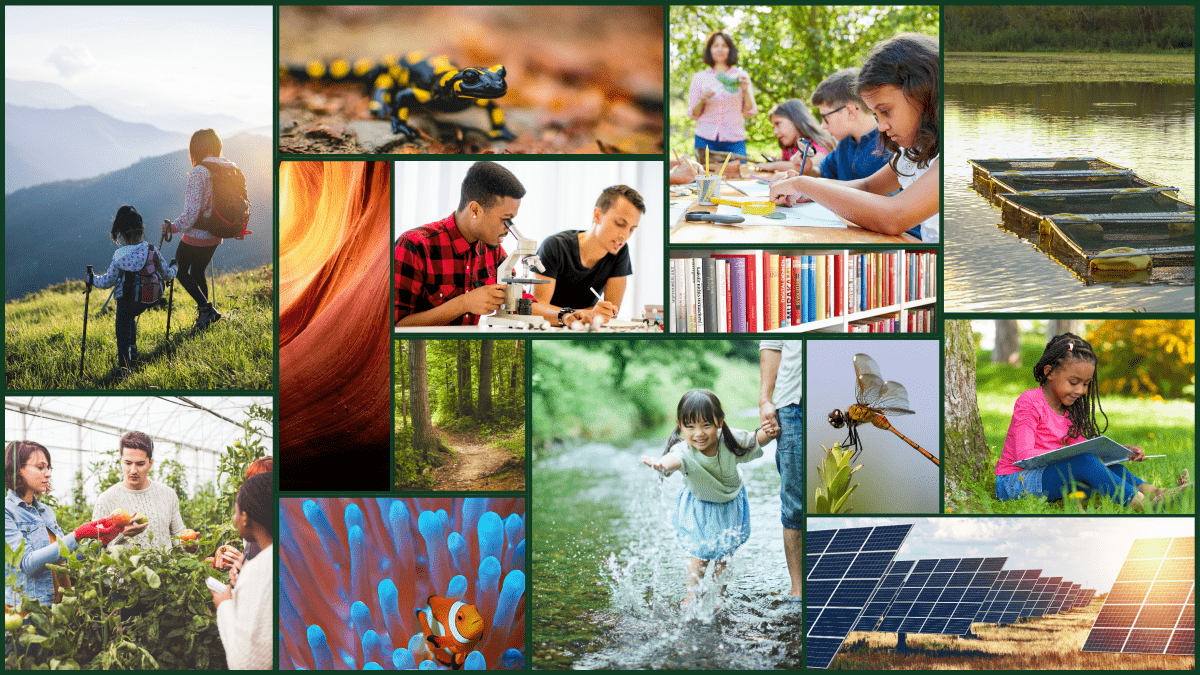 collage of people outdoors, learning, and environmentally friendly industries