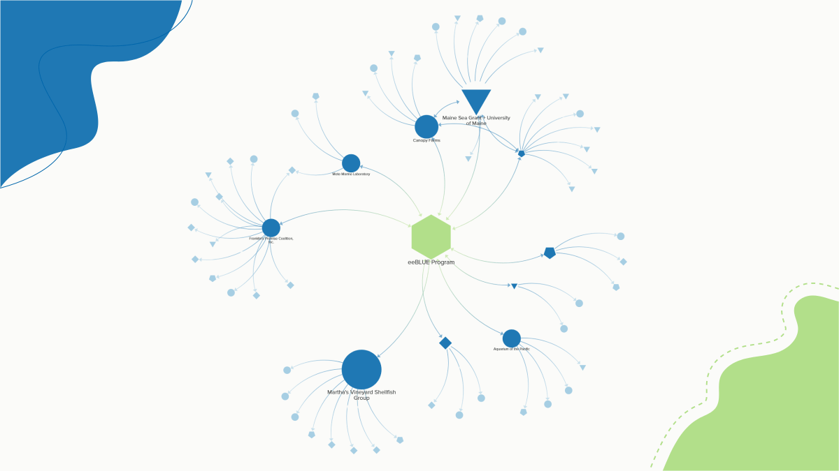 Graphic showing a network map framed by blue and green wavy graphics