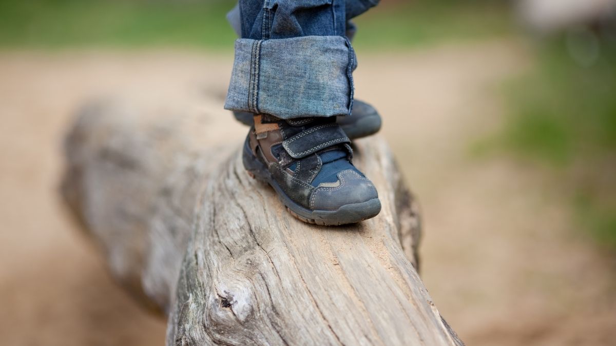 Close up of a shoe stepping on a log