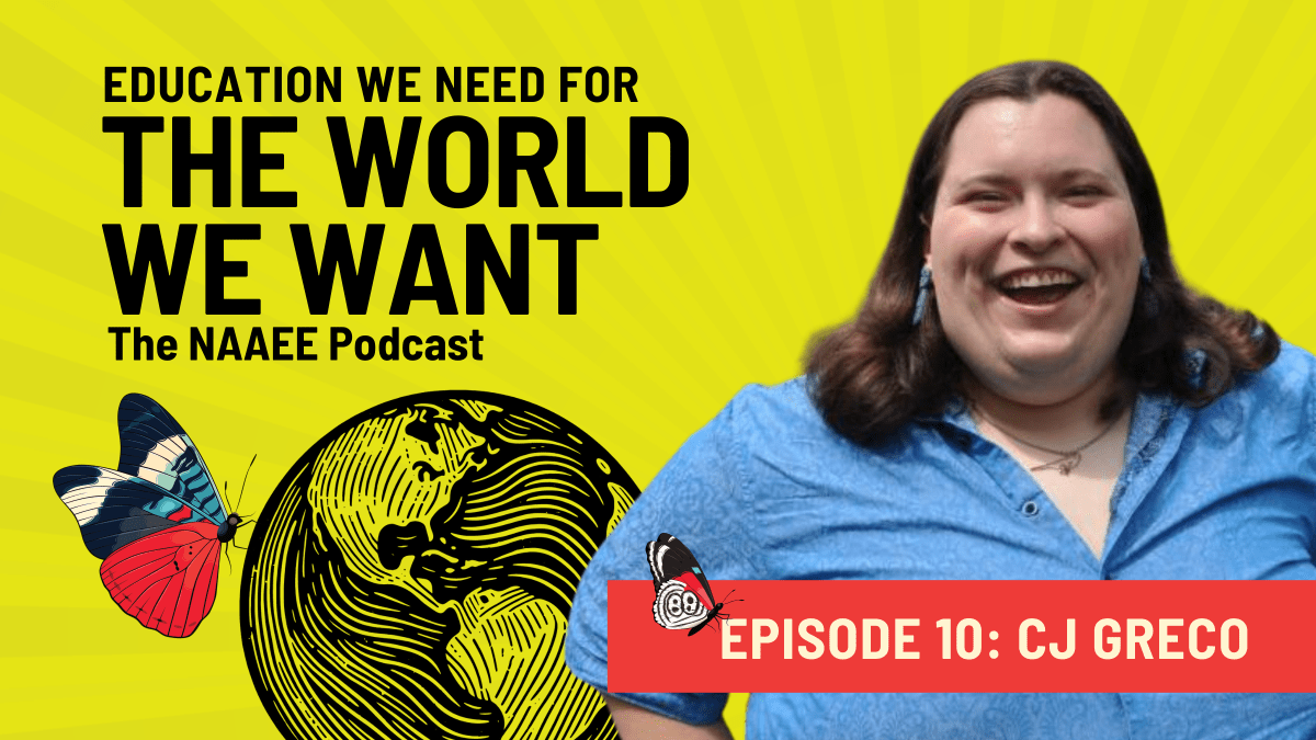 CJ smiles on the backdrop of The World We Want podcast logo