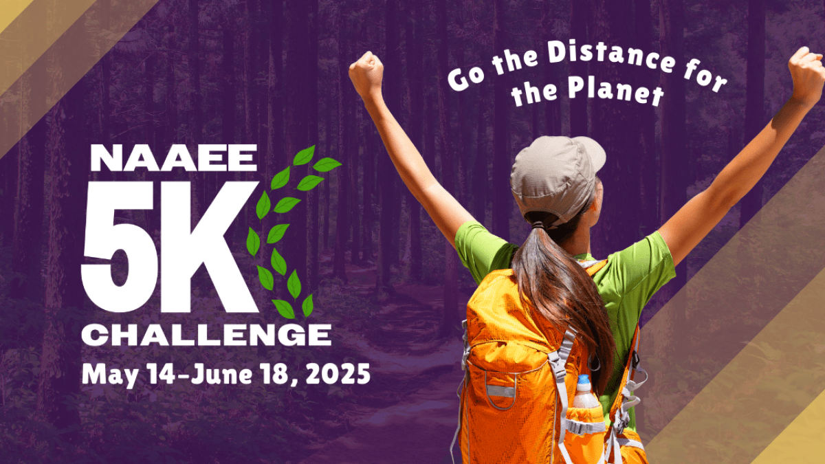 NAAEE 5K Challenge May 14–June 18, 2025 "Go the Distance for the Planet" girl standing in power pose against purple background