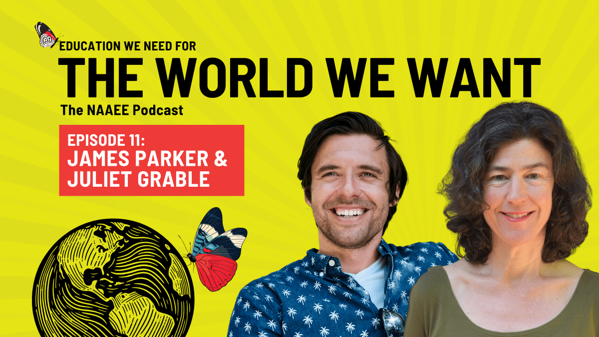 James Parker and Juliet Grable in front of The World We Want logo