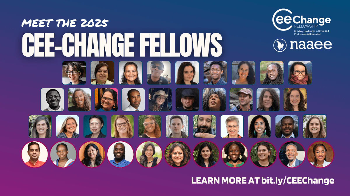 Blue and purple gradient background with text: "Meet the 2025 CEE-Change Fellows. Learn more at bit.ly/CEEChange." Each fellow's profile framed in a rounded rectangle frame.