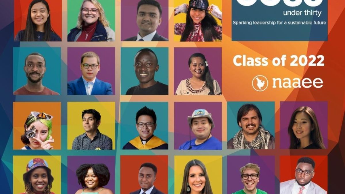 ee 30 Under 30 logo and faces of 30 young ee leaders on geometric multicolor background