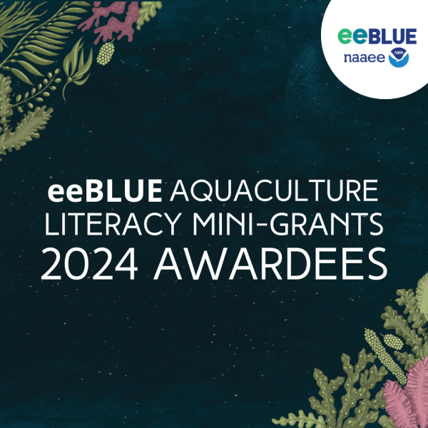 Dark green background framed with illustrations of sea weeds. The text in the center says, "eeBLUE Aquaculture Literacy Mini-Grants 2024 Awardees"