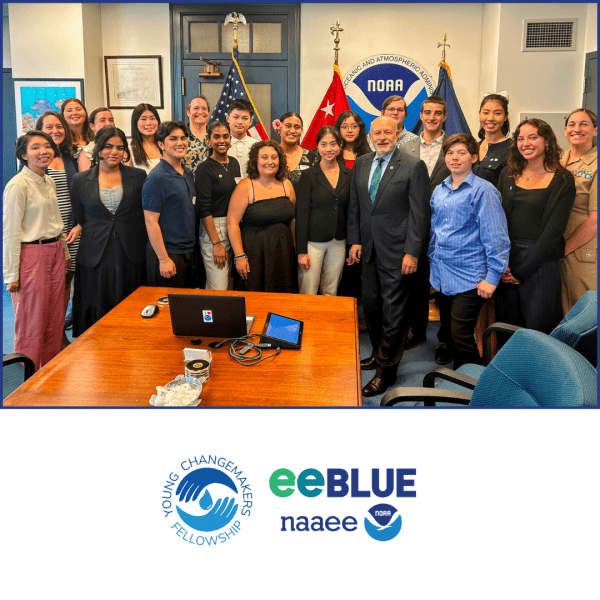 Group photo of Young Changmakers Fellowship bordered by blue lines. The eeBLUE and YCF logos are at the bottom.