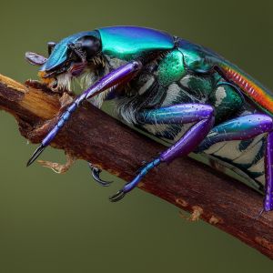 Iridescent scarab beetle standing at the end of stick