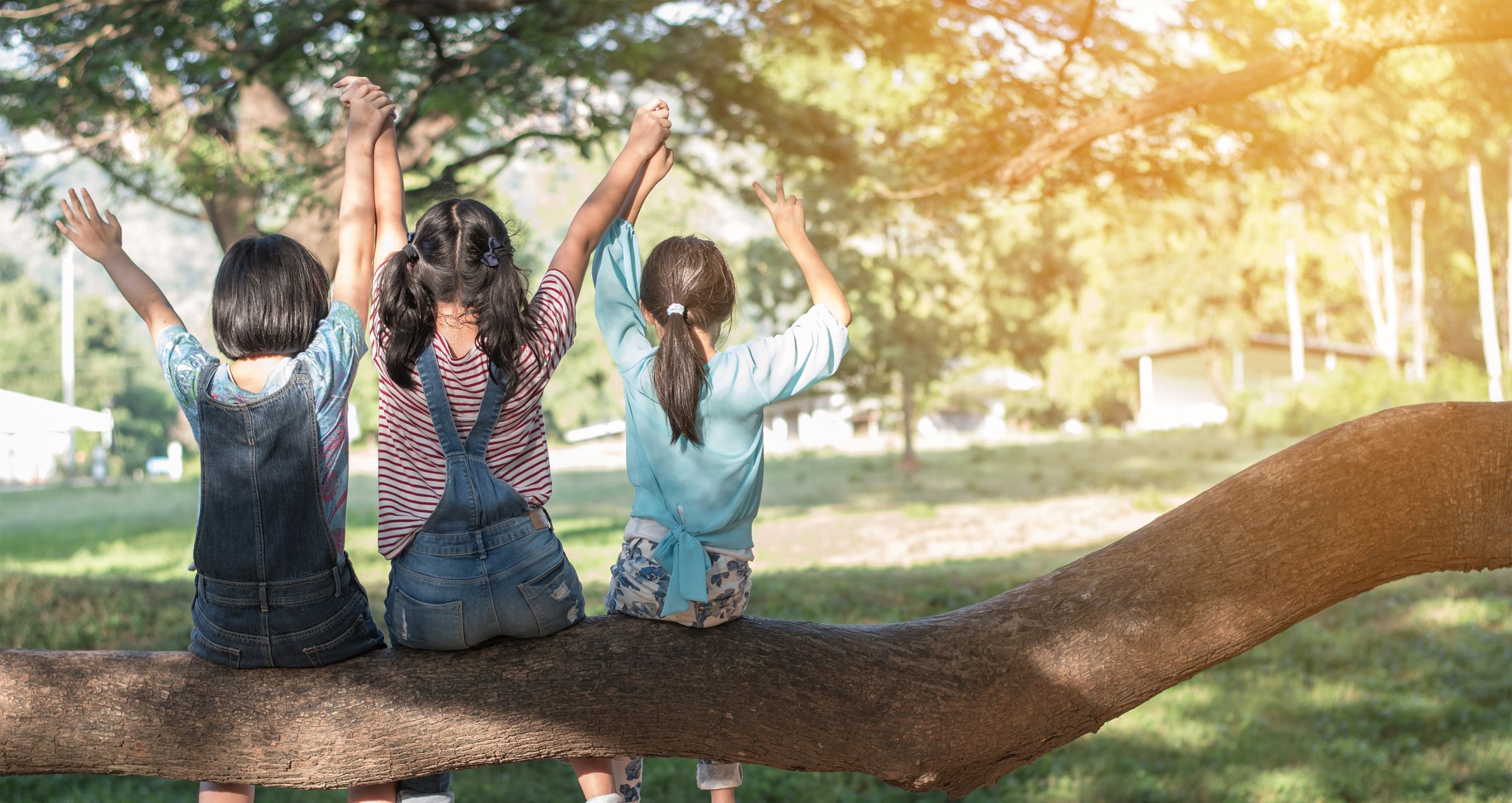 three children sitting on tree limb facing park