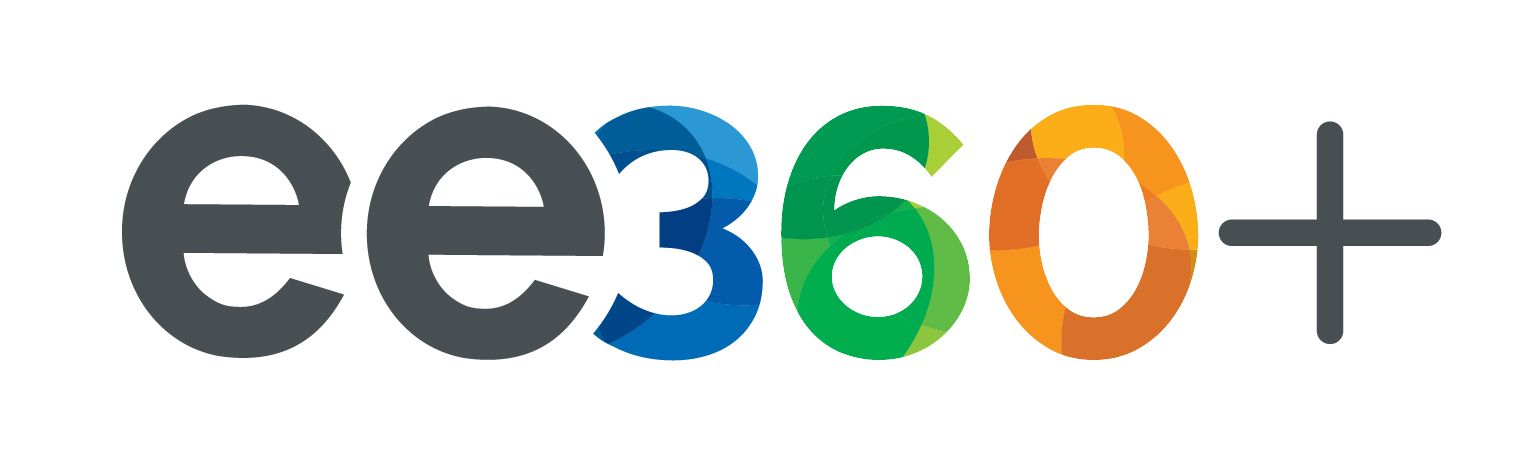 Gray "ee" text followed closely by colorful blue-green-and orange gradient of "360." At the end is a gray plus sign.