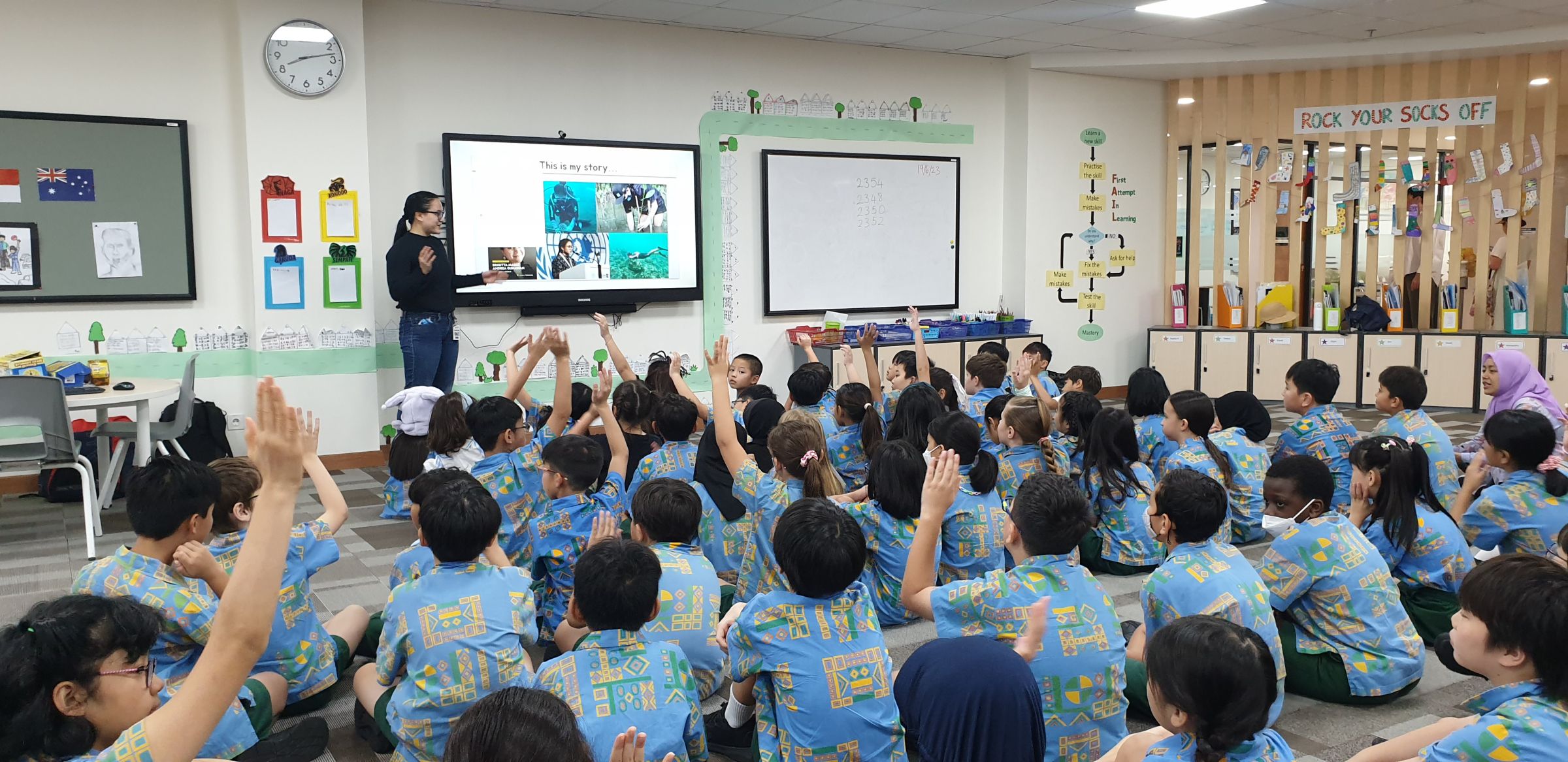 Brigitta speaking on marine literacy with junior school students at Australian Independent school Jakarta.