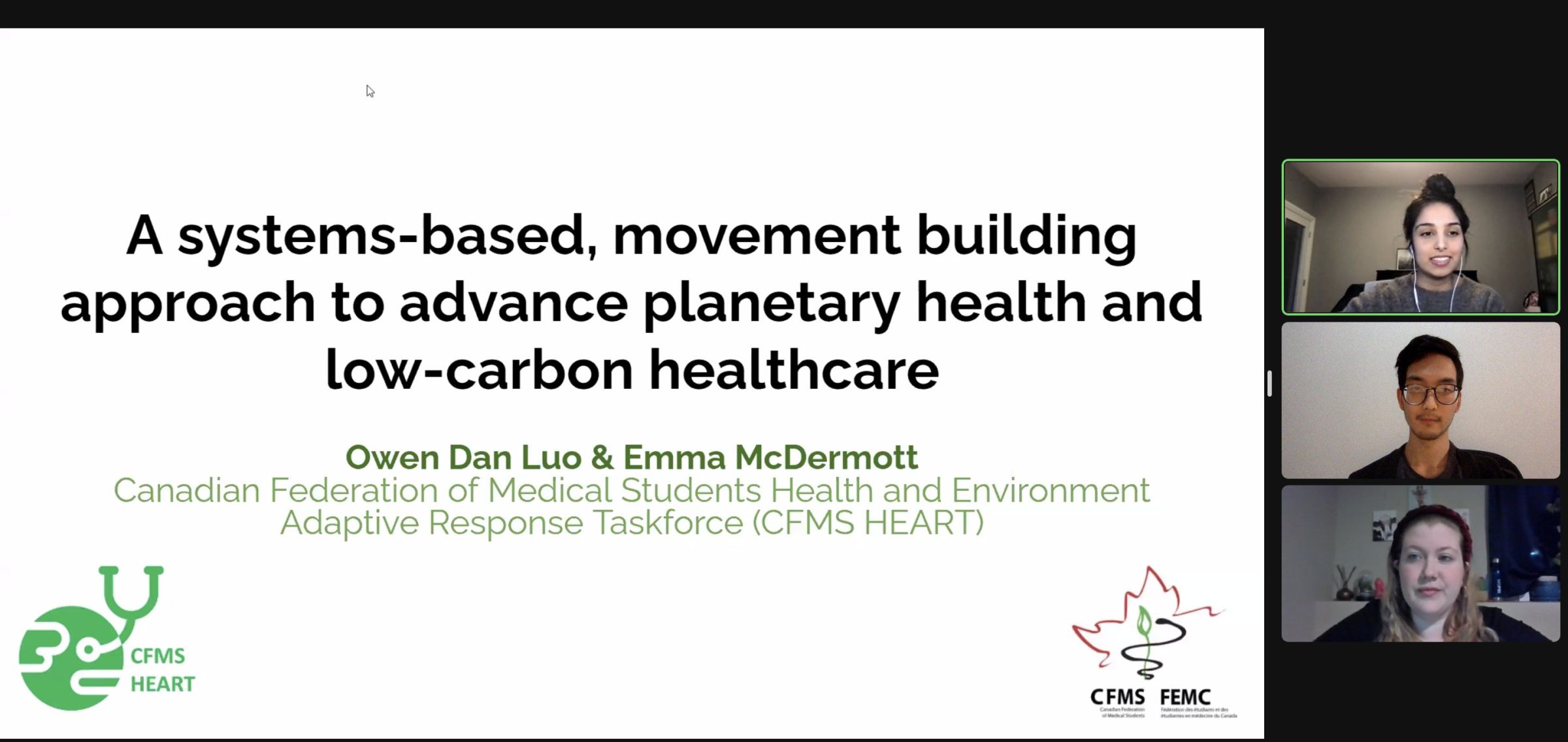 Owen presenting a workshop on planetary health advocacy as part of the Canadian Federation of Medical Students Longitudinal Advocacy Training Series (CFMS LATS).