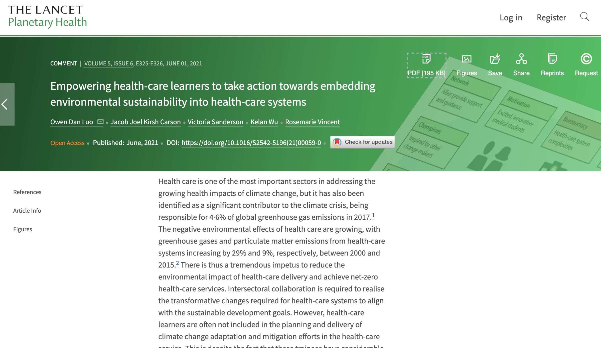 Publication in The Lancet Planetary Health advocating for trainee engagement in healthcare sustainability efforts based on the findings from the Project Green Healthcare/Projet Vert la Santé program that Owen founded.