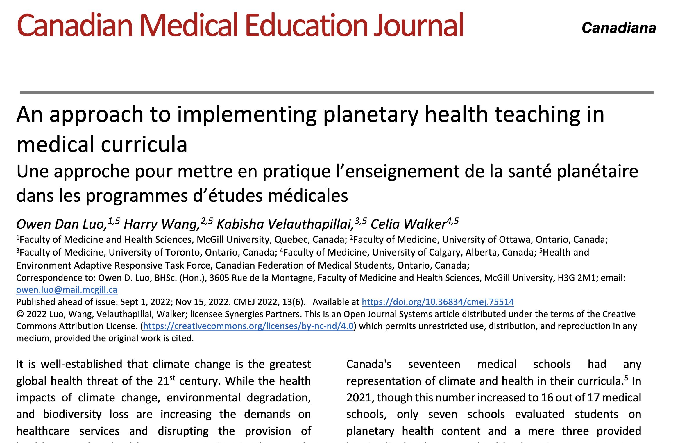 Publication in the Canadian Medical Education Journal describing the curriculum competencies and the Climate Wise slides that Owen was involved in their development.