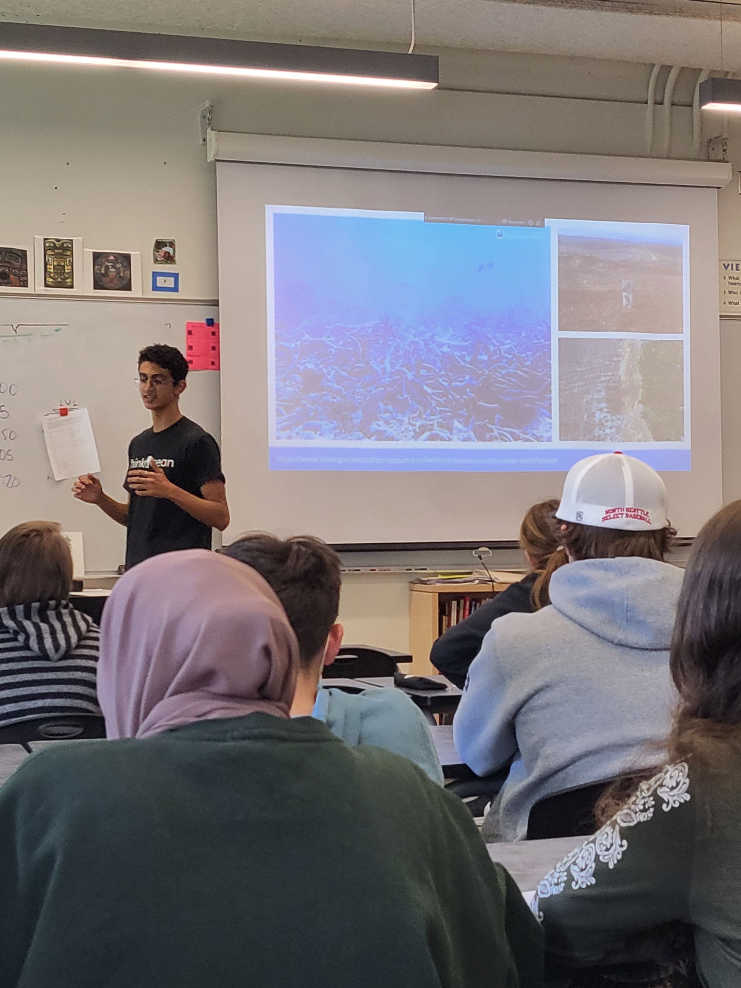 Serag delivering a workshop on Ocean Justice at Nathan Hale High School in Seattle, Washington. Credit: ThinkOcean Society. 