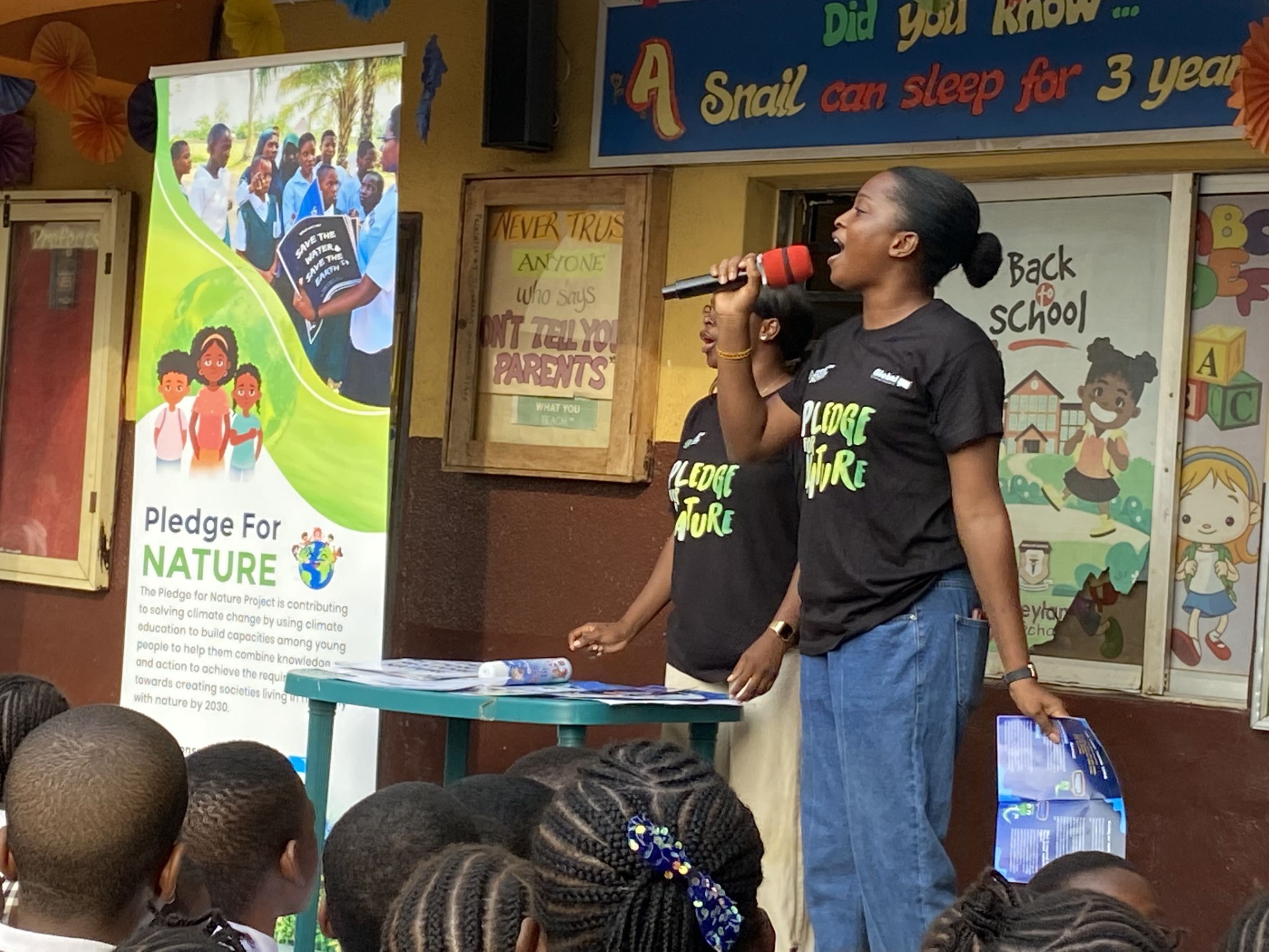 Favour teaching students at Honeyland Schools during a Pledge for Nature Workshop in Lagos, Nigeria.