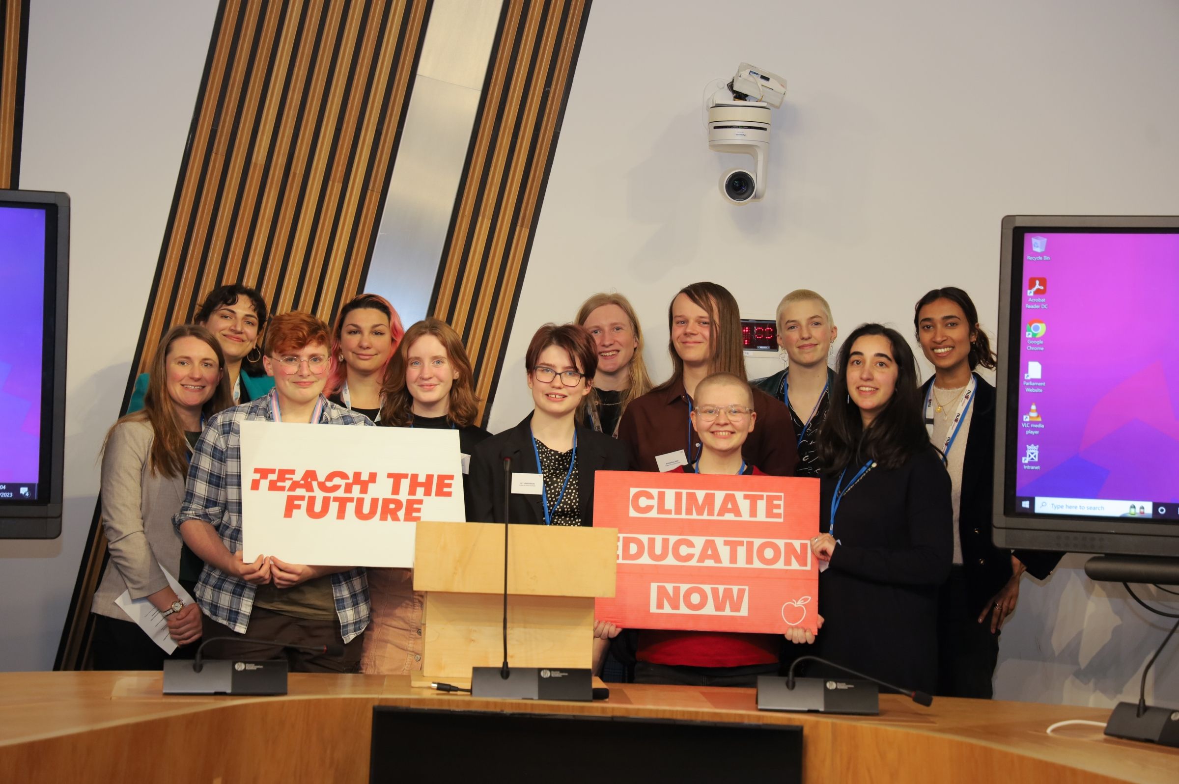 Sonya with SOS-UK staff and campaigners at a parliamentary reception in Scotland for student-led campaign Teach the Future, campaigning to transform education for the climate emergency