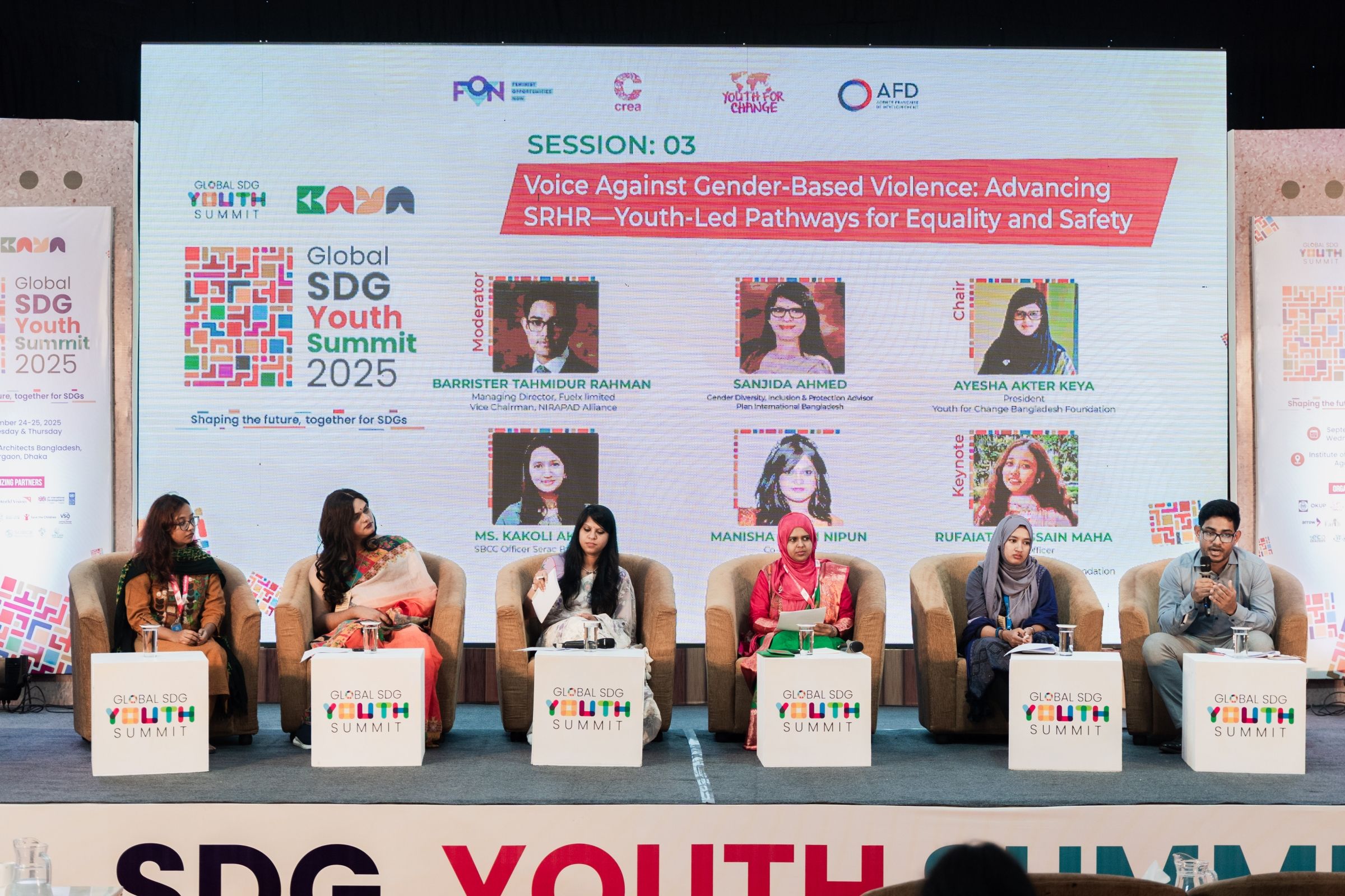 A group of women speaking on stage at the SDG Youth Summit 2025.